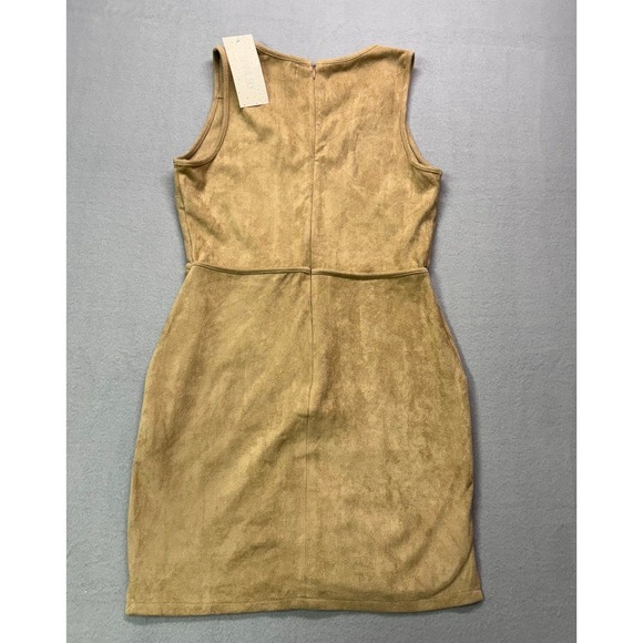 NWT Tan Y2K Faux Suede A Line Mini Dress Sleeveless Zip Pockets western, rustic - Picture 2 of 7